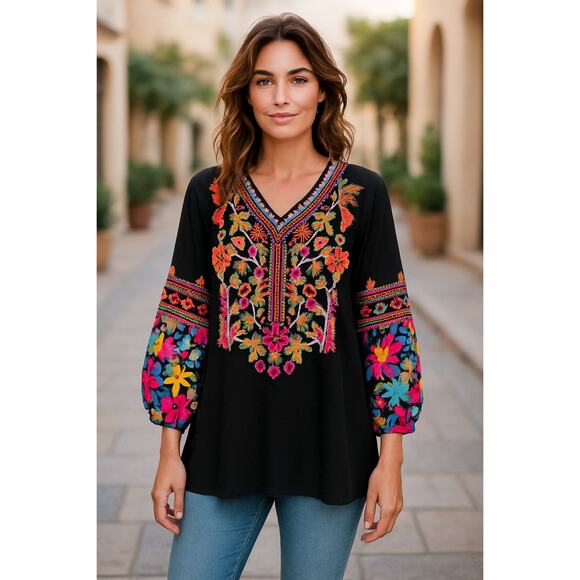 Calessa Womens Black Embroidered Bell Sleeve V-Neck‎ Peasant Tunic Top Size L - Picture 1 of 11